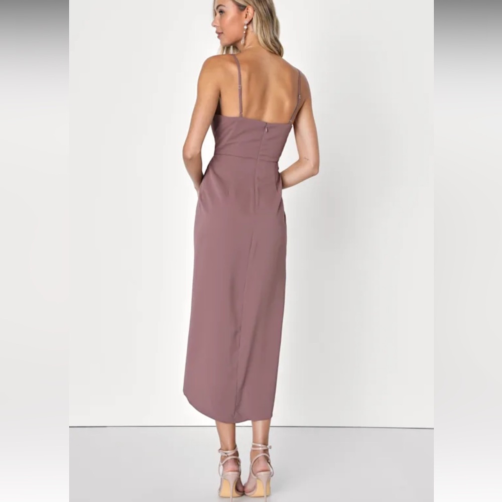Lulus Mauve Purple Reinette Faux Wrap Silhouette Asymmetrical Midi Dress NWT M - Picture 4 of 16